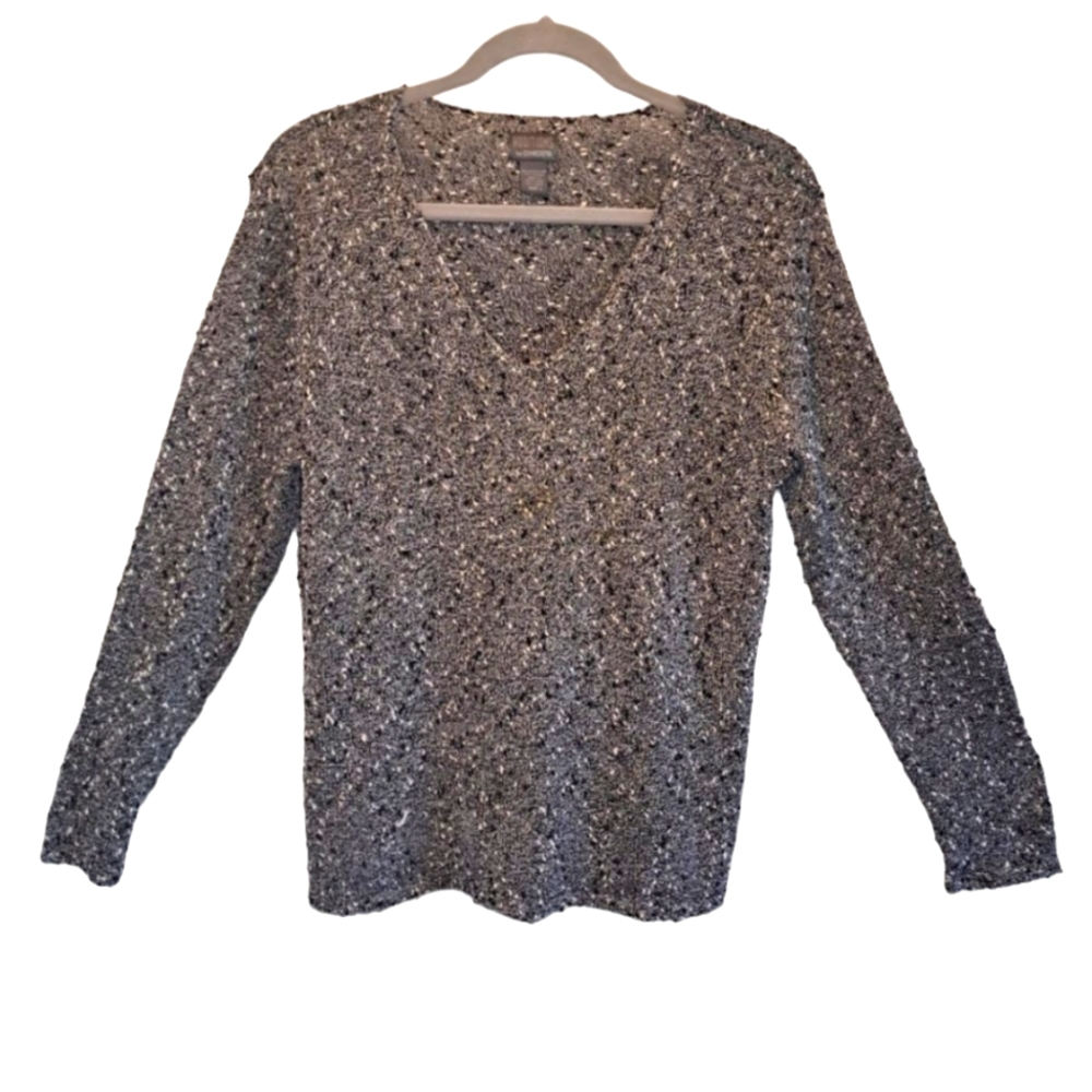 Chico's Speckled Neutral Gray Pullover V Neck Sweater Size 1